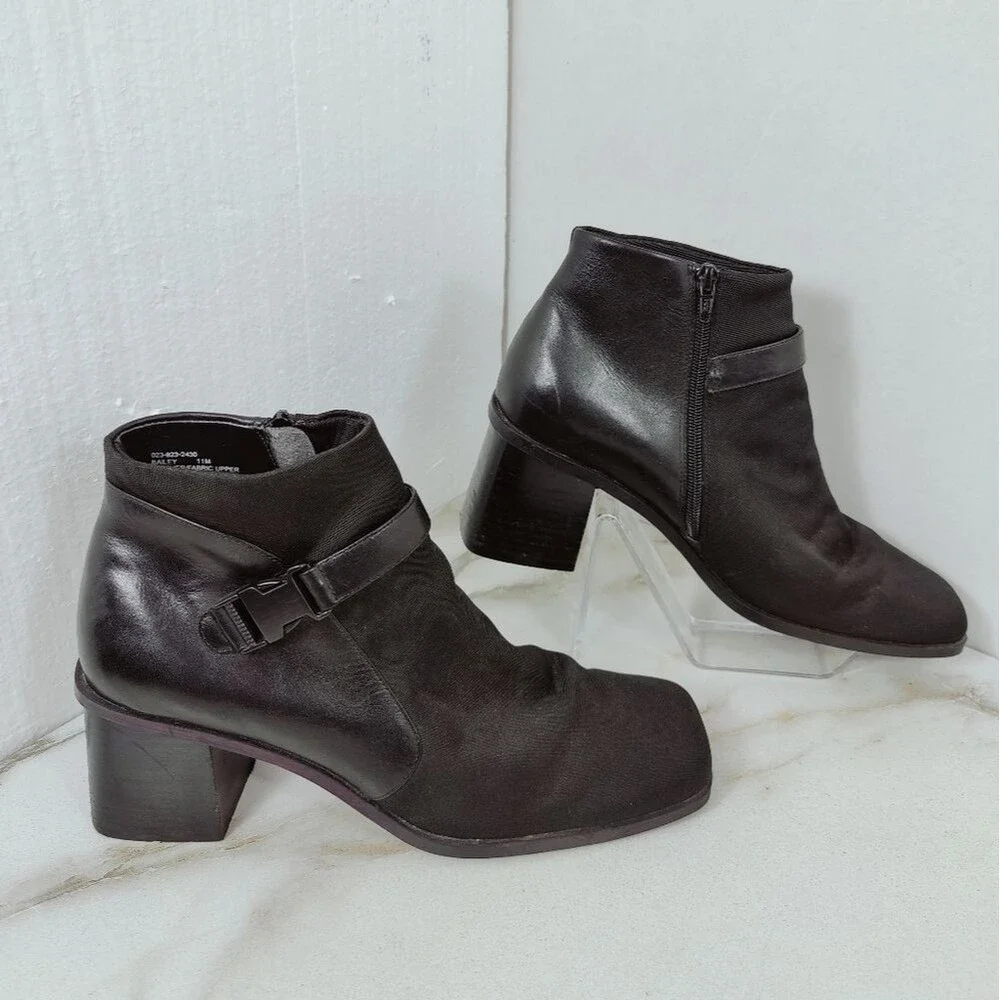 St. John's Bay Bailey Black Leather Fabric Chunky Heel Ankle Boots, Sz 11